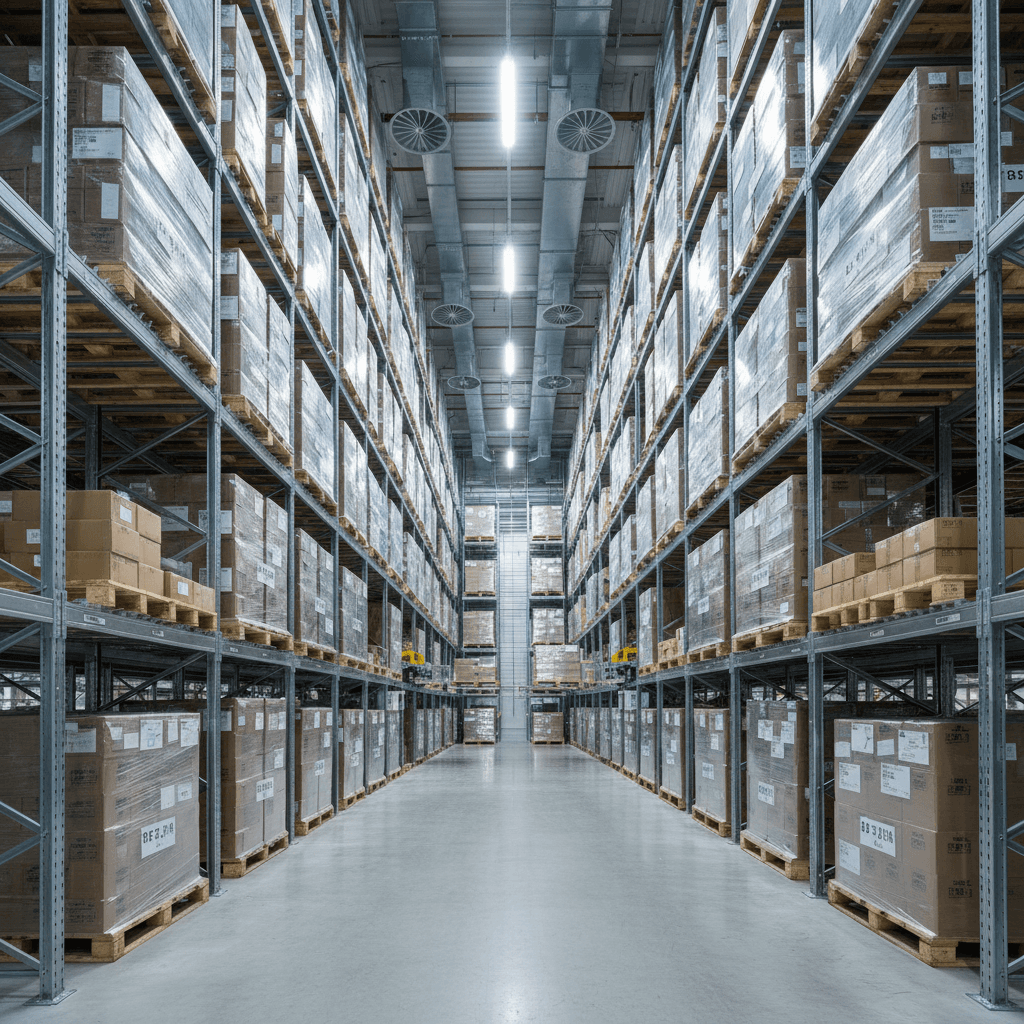 Hochregallager mit Palettenständern in modernem Logistik-Lager