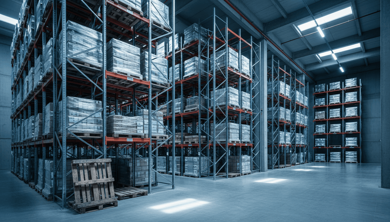 Modernes Hochregallager mit organisierten Palettenplätzen und professioneller Infrastruktur