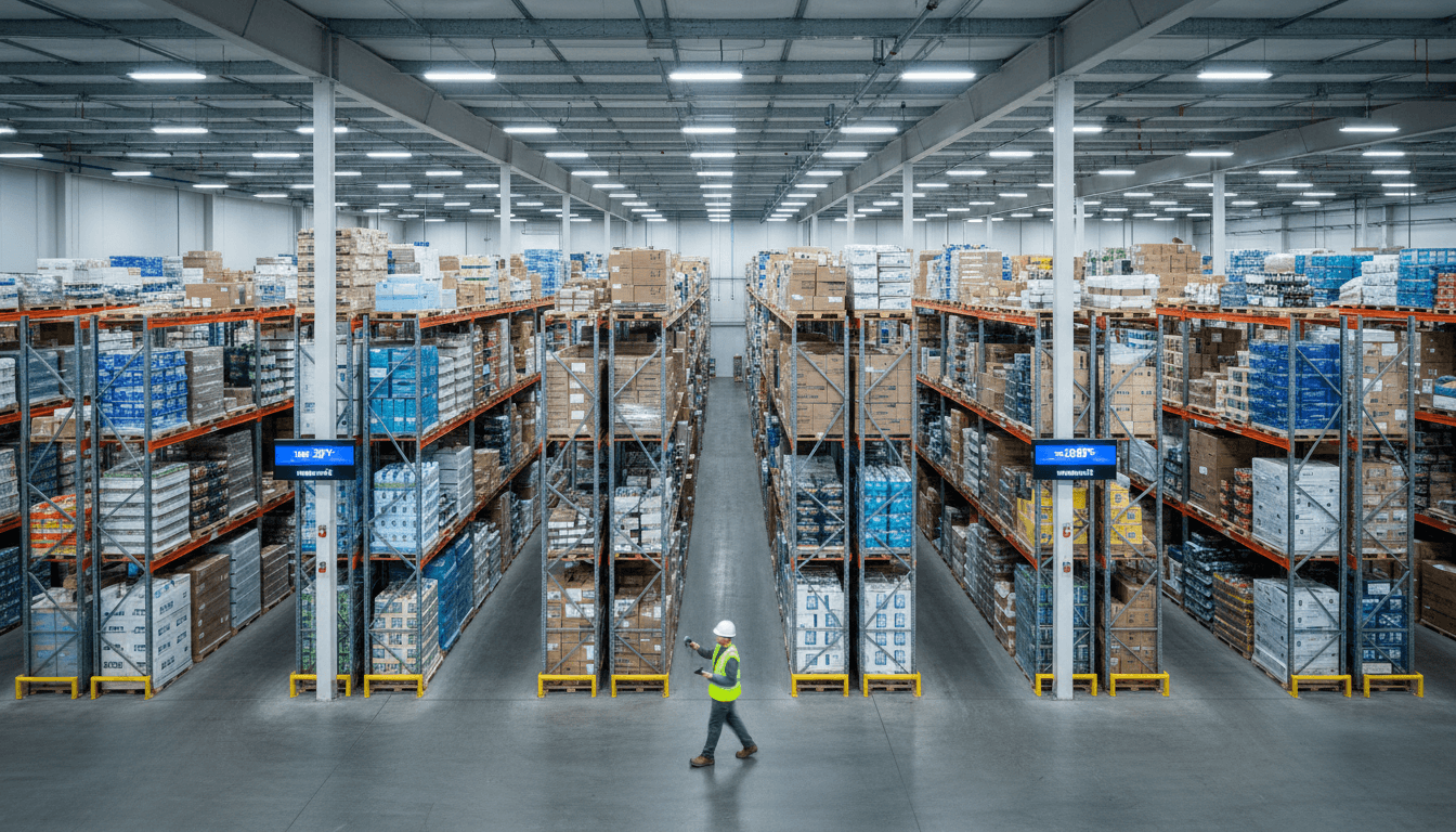 Modernes Hochregallager mit organisierten Palettenplätzen und professioneller Beleuchtung