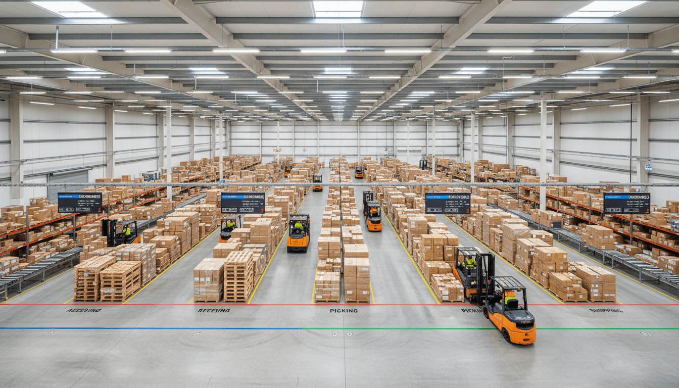 Moderne Logistik-Lagerhalle mit Hochregallagerung und Laderampen